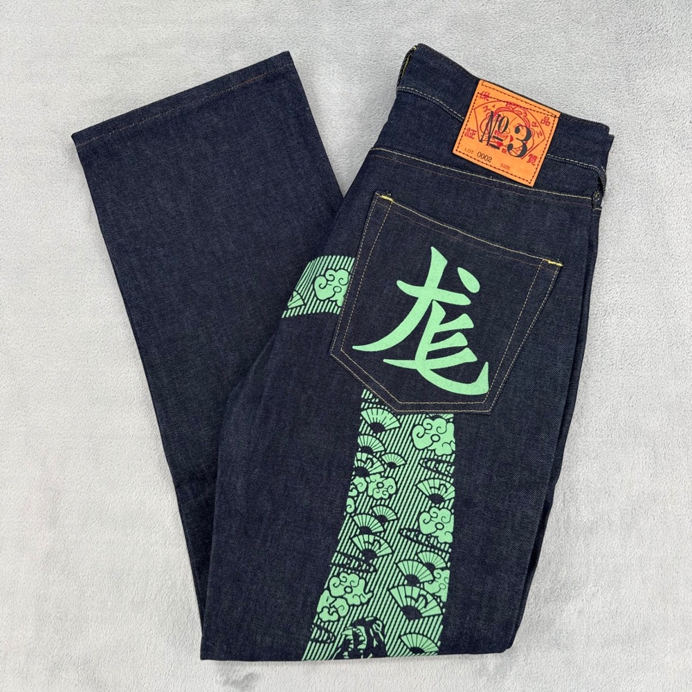 Evisu Lot 0002 No 3 Mens Indigo Denim Jeans Green Seagull Logo 32 Made Japan